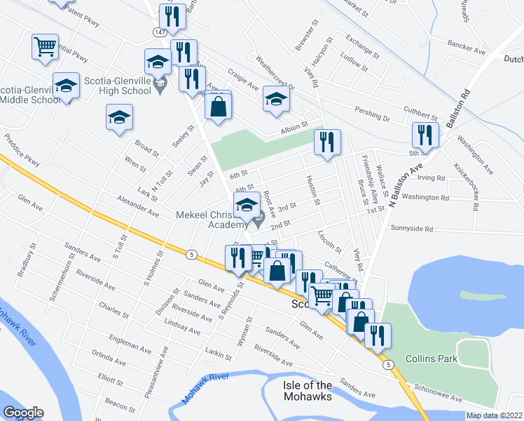 map of restaurants, bars, coffee shops, grocery stores, and more near 208 Root Avenue in Scotia