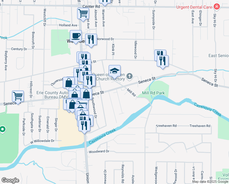 map of restaurants, bars, coffee shops, grocery stores, and more near 4155 Seneca Street in Buffalo