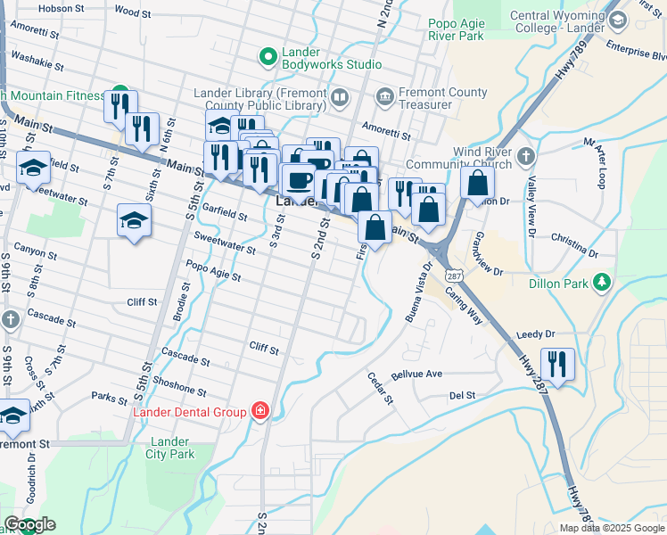 map of restaurants, bars, coffee shops, grocery stores, and more near 150 Sweetwater Street in Lander