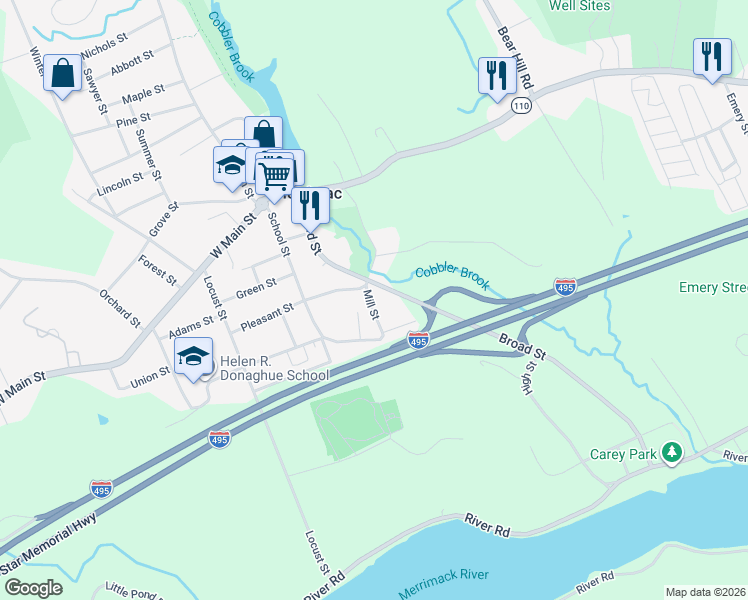 map of restaurants, bars, coffee shops, grocery stores, and more near 98 Mill Street in Merrimac