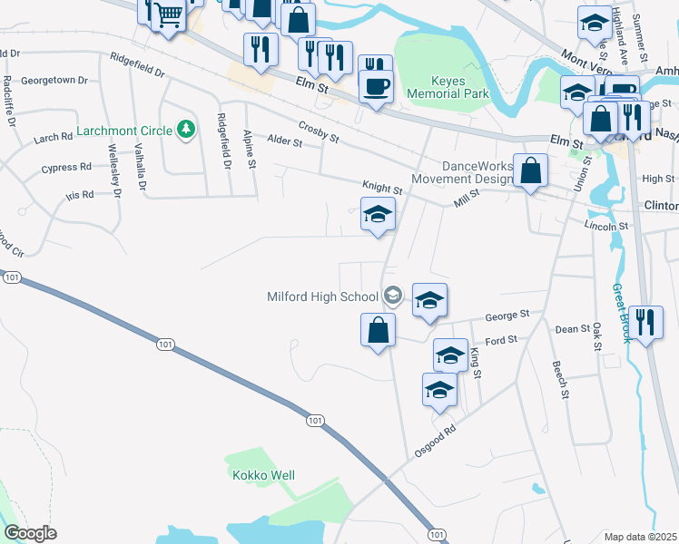 map of restaurants, bars, coffee shops, grocery stores, and more near 22 Edgewood Street in Milford