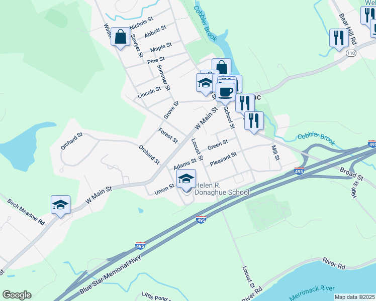 map of restaurants, bars, coffee shops, grocery stores, and more near 38 West Main Street in Merrimac