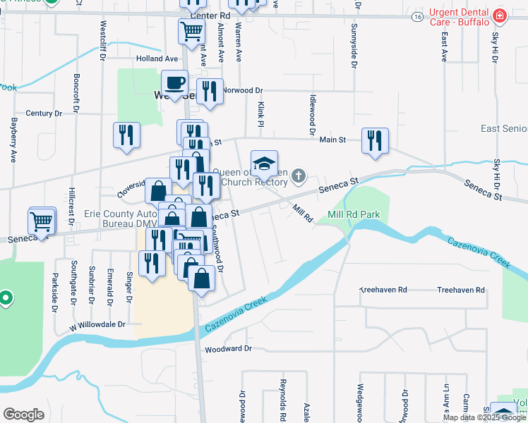 map of restaurants, bars, coffee shops, grocery stores, and more near 4175 Seneca Street in West Seneca