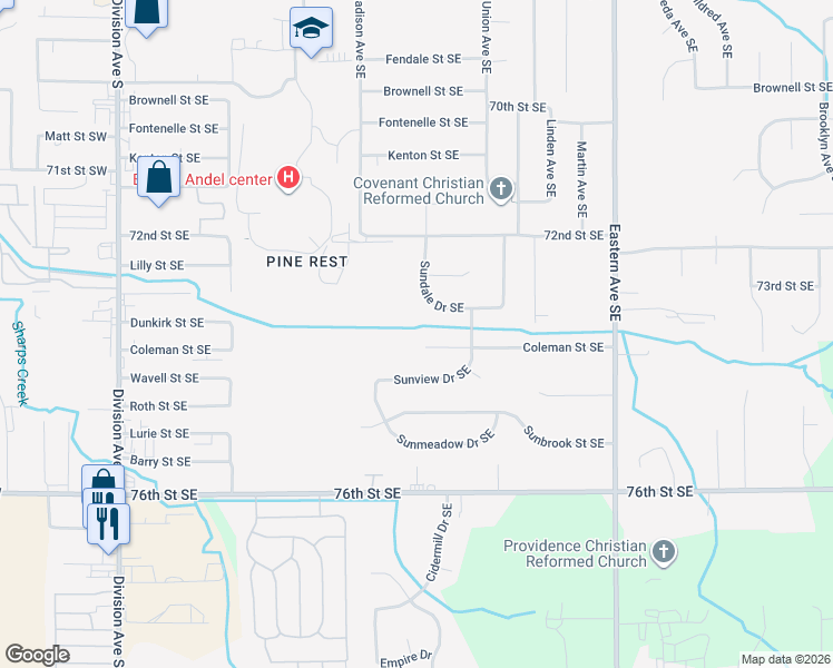 map of restaurants, bars, coffee shops, grocery stores, and more near 7299 Sundale Drive Southeast in Grand Rapids