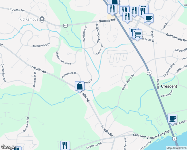 map of restaurants, bars, coffee shops, grocery stores, and more near 42 Ponderosa Drive in Saratoga County