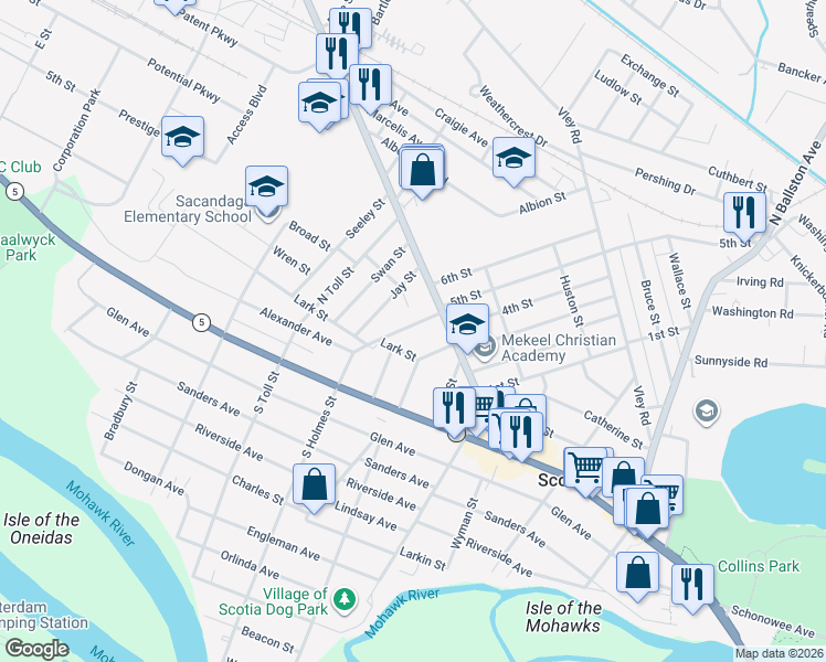 map of restaurants, bars, coffee shops, grocery stores, and more near 126 North Holmes Street in Scotia