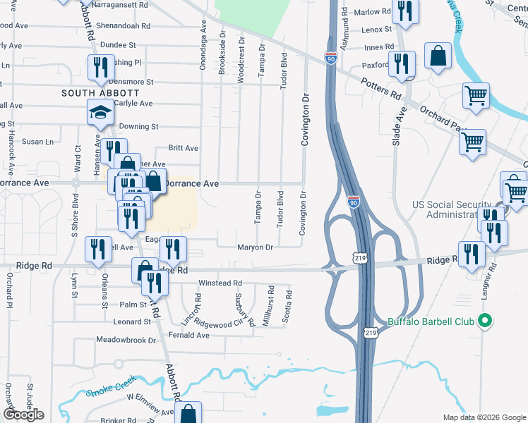 map of restaurants, bars, coffee shops, grocery stores, and more near 261 Tudor Boulevard in Buffalo