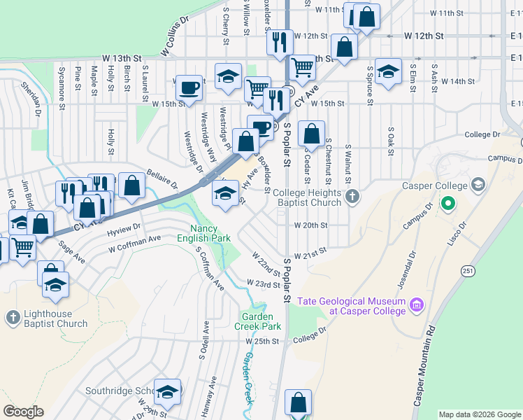 map of restaurants, bars, coffee shops, grocery stores, and more near 1999 S Boxelder St in Casper