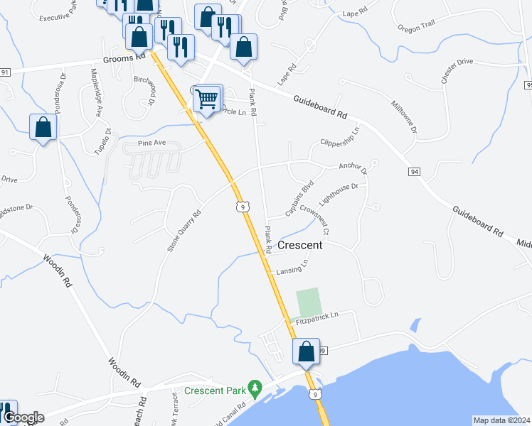 map of restaurants, bars, coffee shops, grocery stores, and more near 56 Plank Road in Waterford