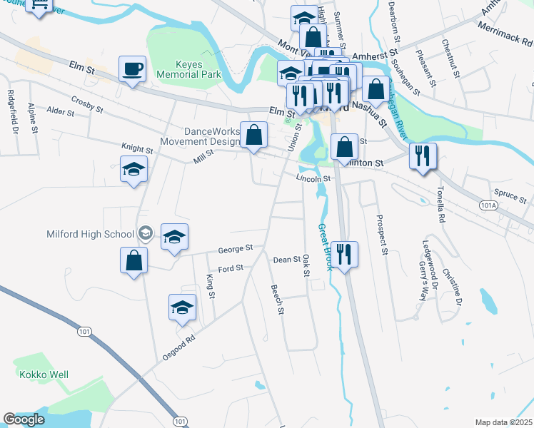 map of restaurants, bars, coffee shops, grocery stores, and more near 65 Union Street in Milford