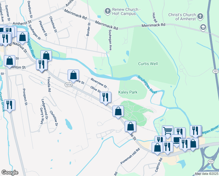 map of restaurants, bars, coffee shops, grocery stores, and more near 48 Riverview Street in Milford