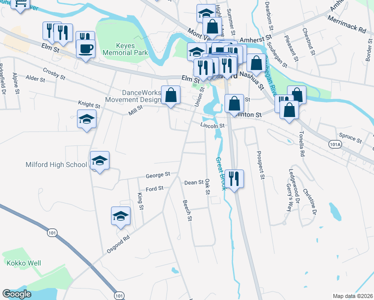map of restaurants, bars, coffee shops, grocery stores, and more near 5 Willow Street in Milford