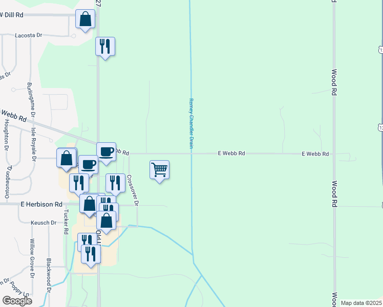 map of restaurants, bars, coffee shops, grocery stores, and more near 1476 East Webb Road in DeWitt