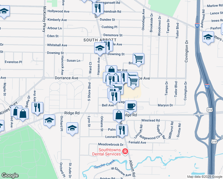 map of restaurants, bars, coffee shops, grocery stores, and more near 1243 Abbott Road in Buffalo