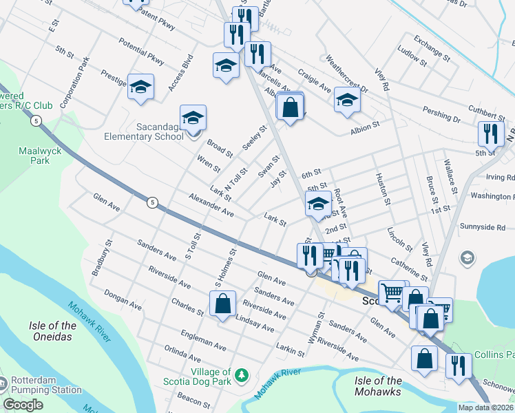 map of restaurants, bars, coffee shops, grocery stores, and more near 106 Lark Street in Scotia