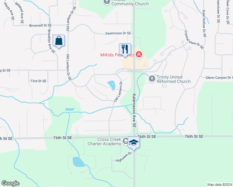 map of restaurants, bars, coffee shops, grocery stores, and more near 7441 Old Lantern Drive Southeast in Caledonia