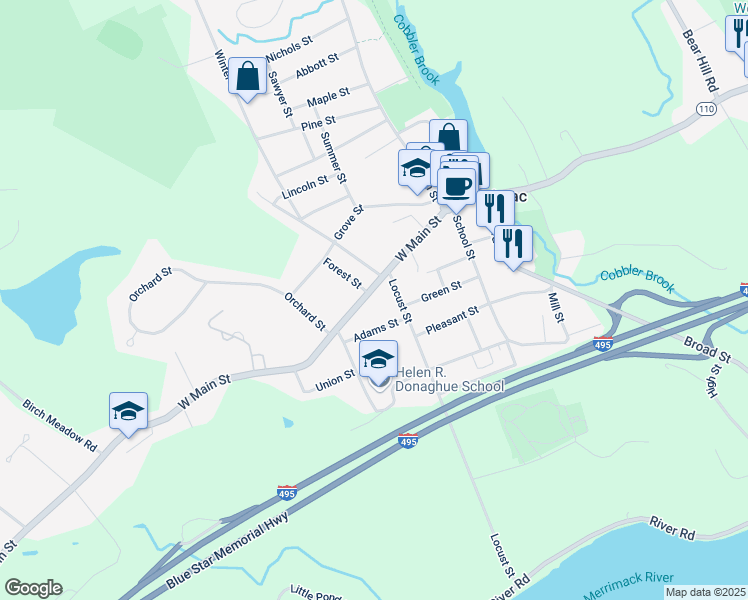 map of restaurants, bars, coffee shops, grocery stores, and more near 38 West Main Street in Merrimac