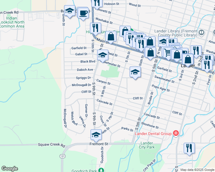 map of restaurants, bars, coffee shops, grocery stores, and more near 783 Canyon Street in Lander