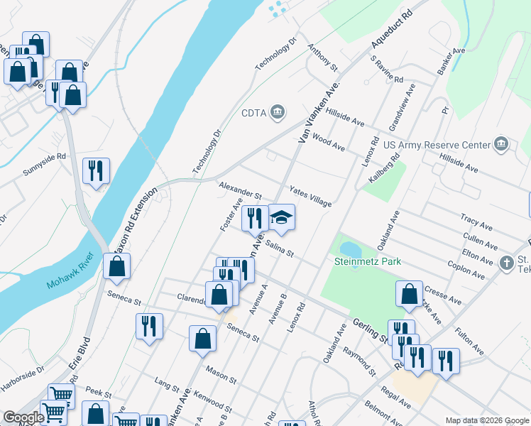 map of restaurants, bars, coffee shops, grocery stores, and more near 2143 Van Vranken Avenue in Schenectady