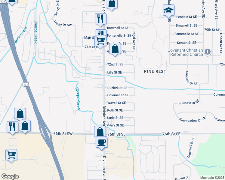 map of restaurants, bars, coffee shops, grocery stores, and more near 56 Dunkirk Street Southeast in Kentwood