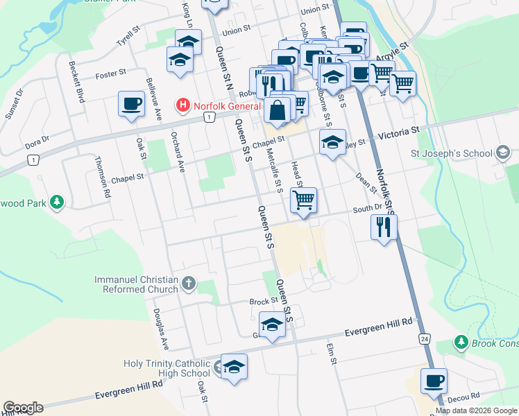 map of restaurants, bars, coffee shops, grocery stores, and more near 230 Queen Street South in Simcoe