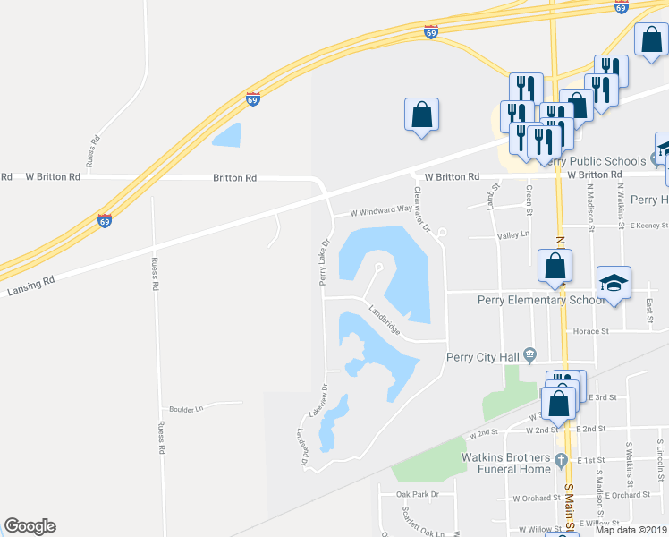 map of restaurants, bars, coffee shops, grocery stores, and more near 411 Perry Lake Drive in Perry