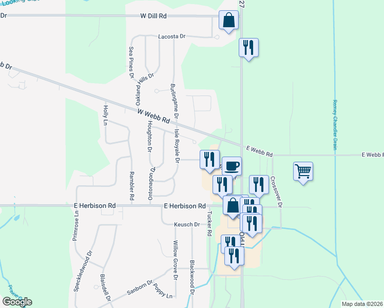 map of restaurants, bars, coffee shops, grocery stores, and more near 1228 Northway Drive in DeWitt