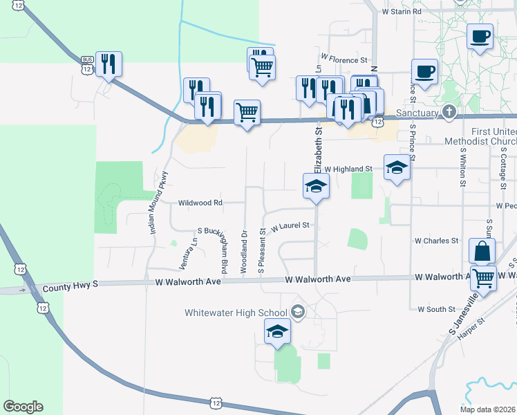 map of restaurants, bars, coffee shops, grocery stores, and more near 234 South Pleasant Street in Whitewater