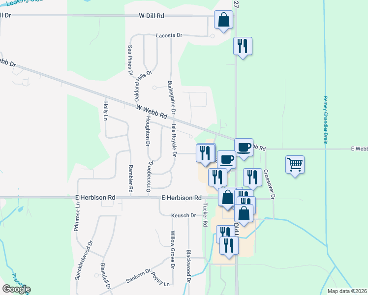 map of restaurants, bars, coffee shops, grocery stores, and more near 1228 Northway Drive in DeWitt