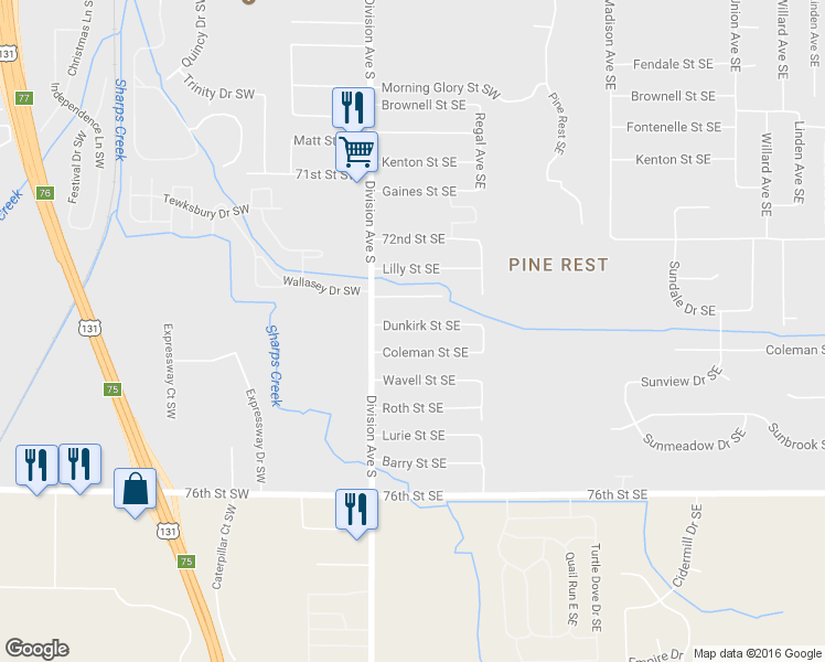 map of restaurants, bars, coffee shops, grocery stores, and more near 56 Dunkirk Street Southeast in Kentwood