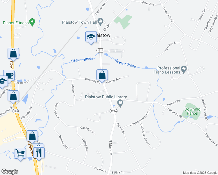 map of restaurants, bars, coffee shops, grocery stores, and more near 99 Main Street in Plaistow