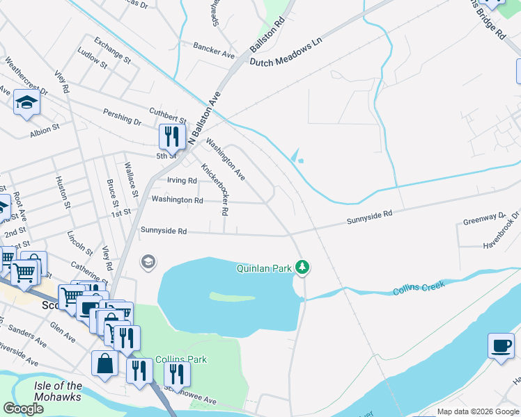 map of restaurants, bars, coffee shops, grocery stores, and more near 124 Washington Road in Scotia