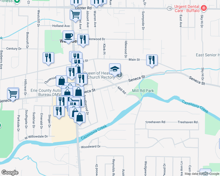 map of restaurants, bars, coffee shops, grocery stores, and more near 4175 Seneca Street in West Seneca