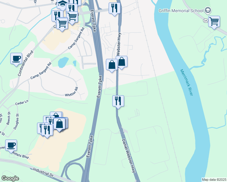 map of restaurants, bars, coffee shops, grocery stores, and more near 246 U.S. 3 in Merrimack