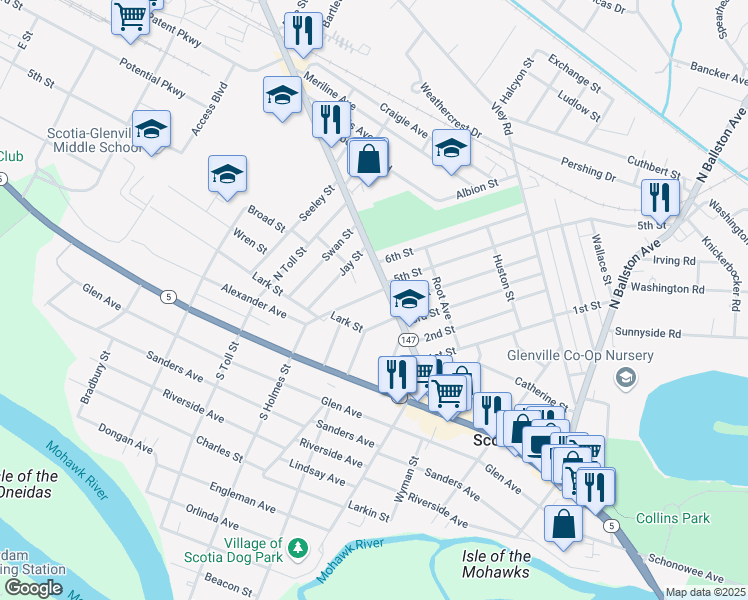 map of restaurants, bars, coffee shops, grocery stores, and more near 126 North Holmes Street in Scotia