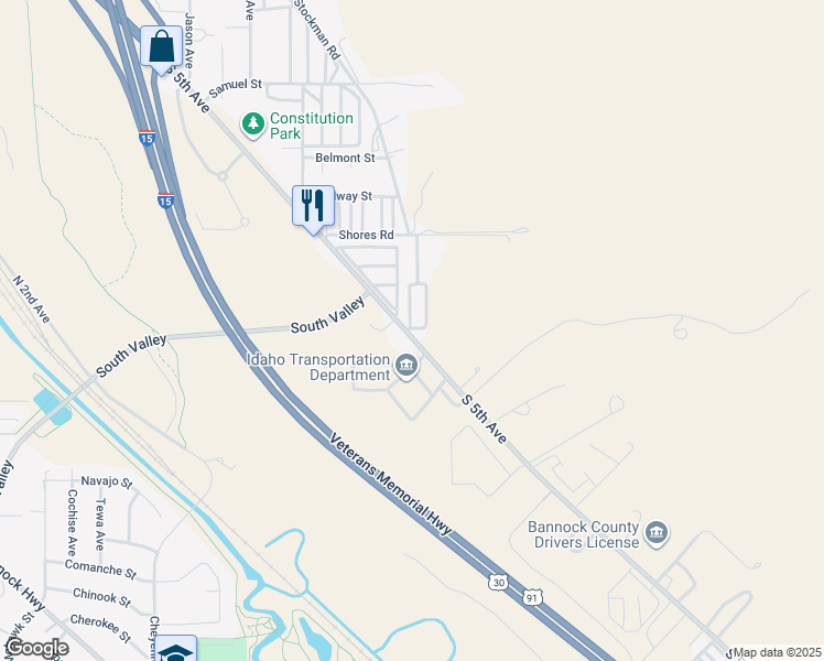 map of restaurants, bars, coffee shops, grocery stores, and more near 4798-4972 South 5th Avenue in Pocatello