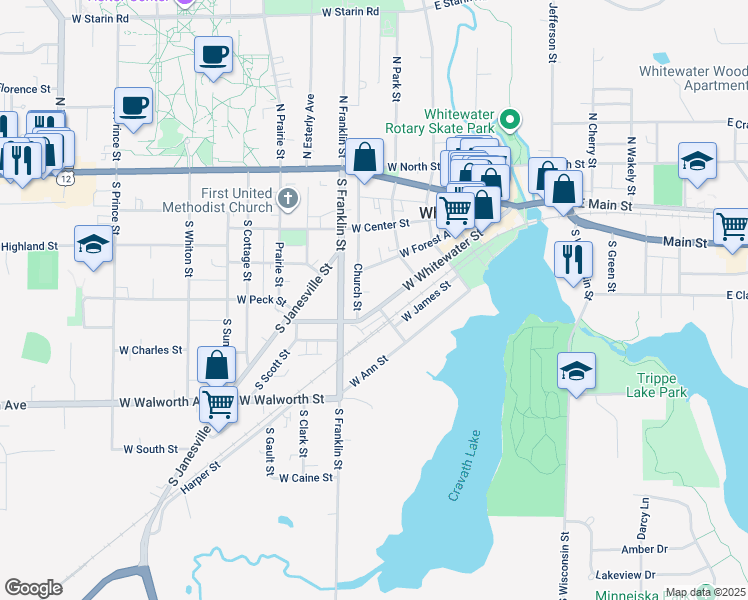 map of restaurants, bars, coffee shops, grocery stores, and more near 436 West Whitewater Street in Whitewater