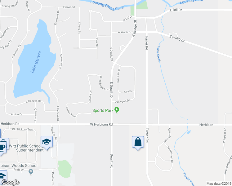 map of restaurants, bars, coffee shops, grocery stores, and more near 1136 River Oaks Drive in DeWitt