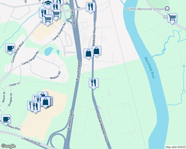 map of restaurants, bars, coffee shops, grocery stores, and more near 246 U.S. 3 in Merrimack