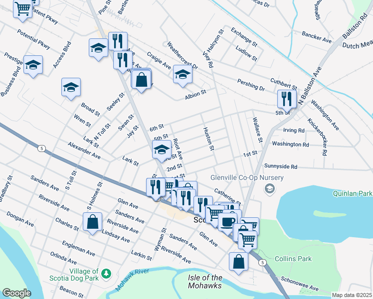 map of restaurants, bars, coffee shops, grocery stores, and more near 208 Root Avenue in Scotia