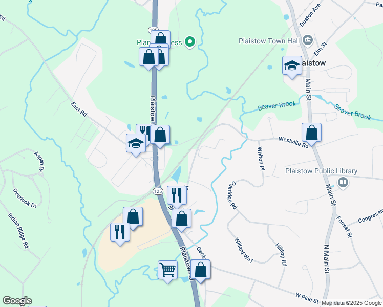 map of restaurants, bars, coffee shops, grocery stores, and more near 37 Westville Road in Plaistow
