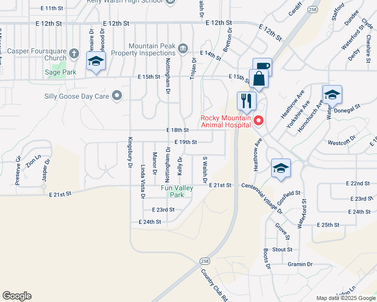 map of restaurants, bars, coffee shops, grocery stores, and more near 3700 East 20th Street in Casper