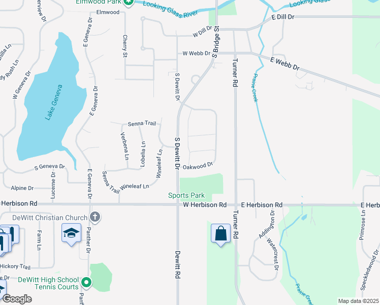 map of restaurants, bars, coffee shops, grocery stores, and more near 1136 River Oaks Drive in DeWitt