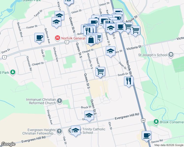 map of restaurants, bars, coffee shops, grocery stores, and more near 234 Metcalfe Street South in Simcoe