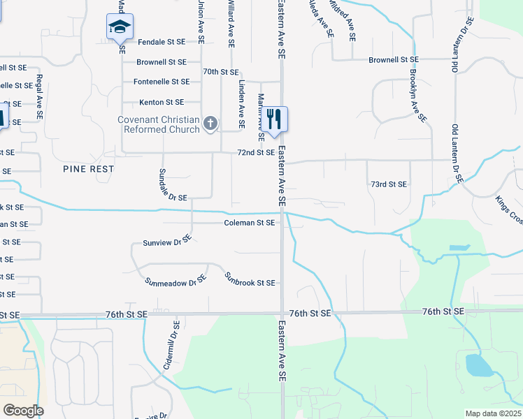 map of restaurants, bars, coffee shops, grocery stores, and more near 730 Dawn Street Southeast in Grand Rapids