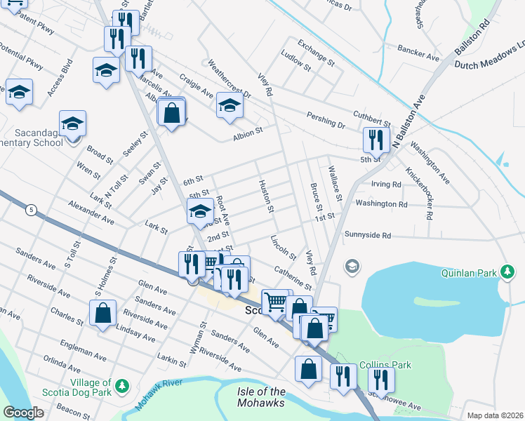 map of restaurants, bars, coffee shops, grocery stores, and more near 104 Huston Street in Scotia