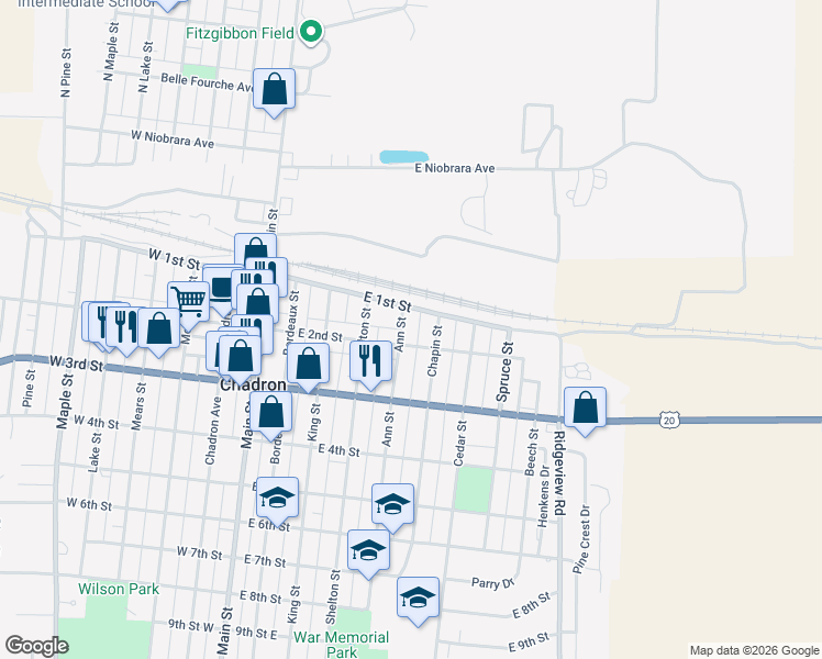 map of restaurants, bars, coffee shops, grocery stores, and more near 500 East 2nd Street in Chadron