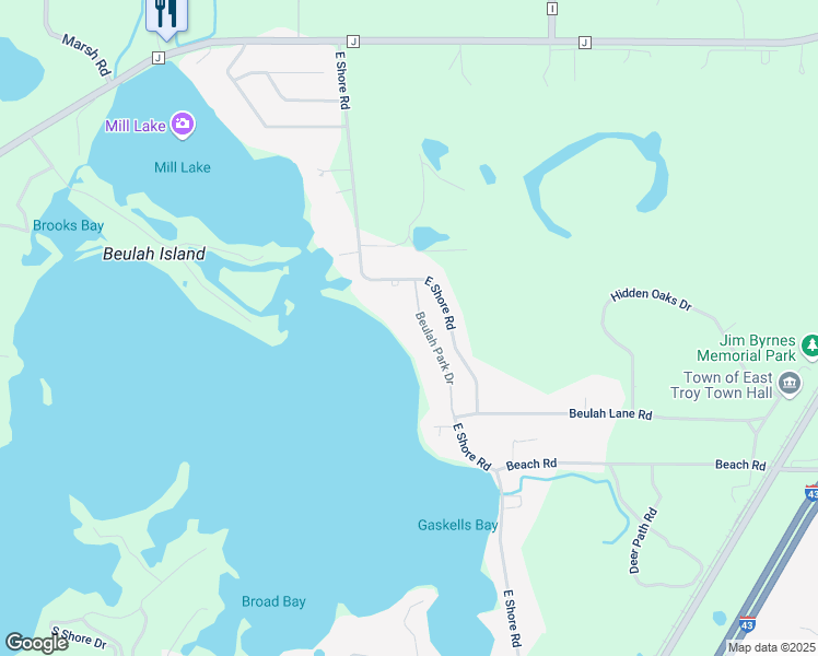 map of restaurants, bars, coffee shops, grocery stores, and more near N9377 Beulah Park Drive in East Troy
