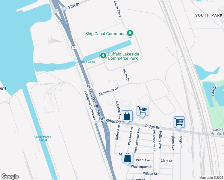 map of restaurants, bars, coffee shops, grocery stores, and more near 101 Commerce Drive in Lackawanna