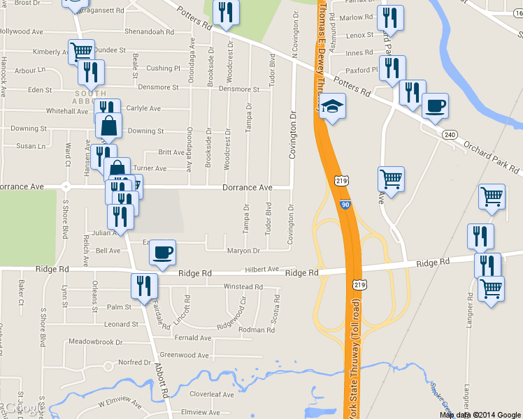 map of restaurants, bars, coffee shops, grocery stores, and more near 261 Tudor Blvd in Buffalo